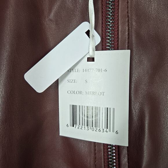 Sioni Milano Faux Leather Jacket sz S Merlot Zip Up Open Knit Sleeve Rhinestone - Picture 11 of 16